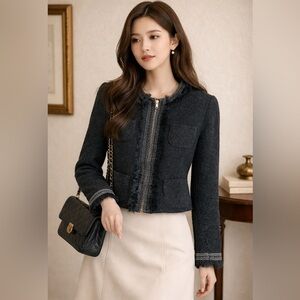 Dstudio Canada Tweed Bomber Jacket Fur Fringe Lace Circle Neck Sz 10 Black